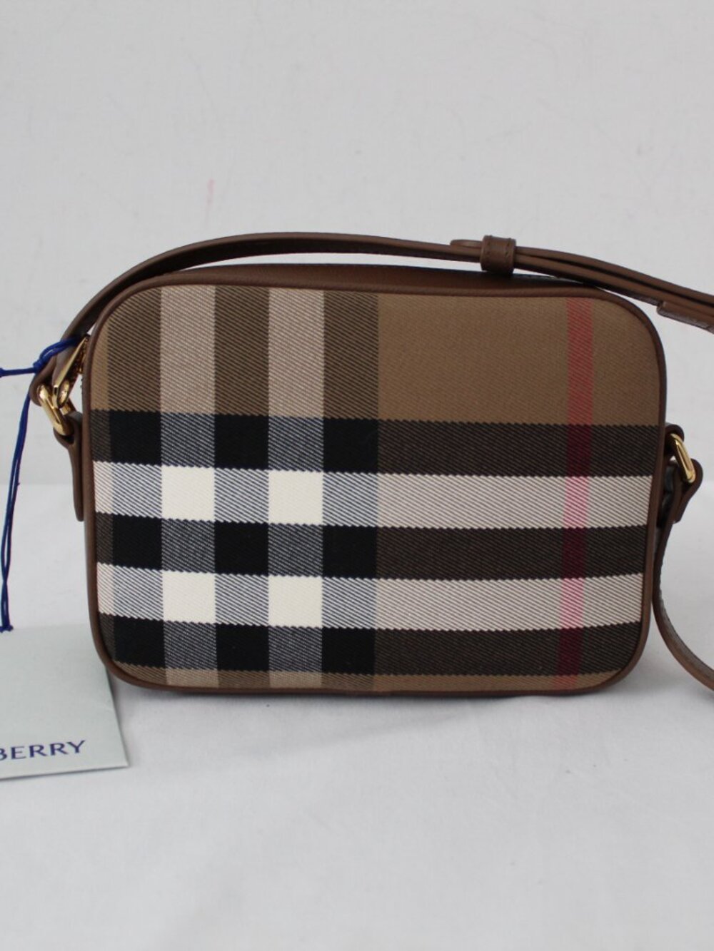 NWT Burberry Earth Check Zip Top Camera Case Crossbody Shoulder Bag